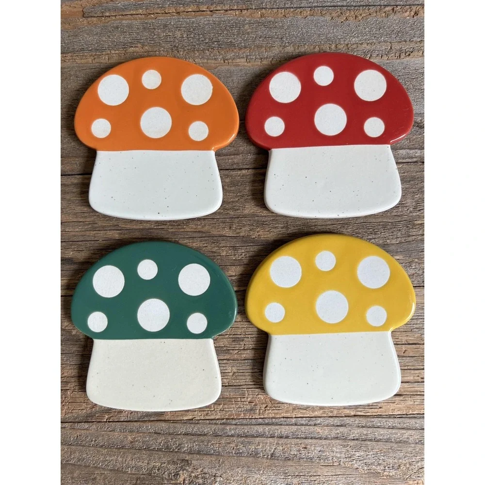 Mushroom‎ Ceramic Drink Coasters Set Of 4 Polka Dot Retro Mod Kitchen Decor